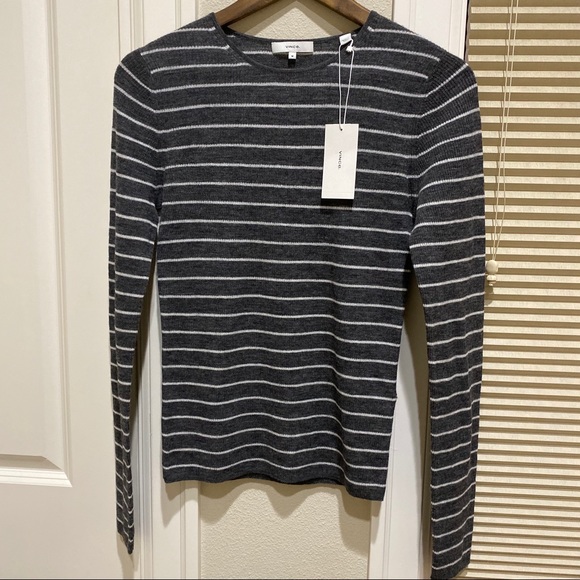 NWT Vince Long-Sleeve Stripe Ribbed Crewneck Top-M - Picture 3 of 7
